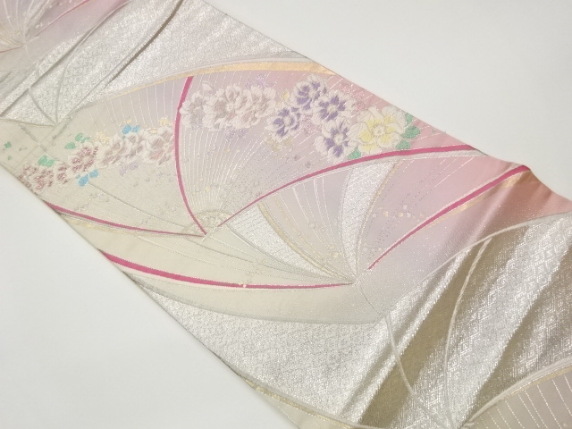 JAPANESE KIMONO / VINTAGE FUKURO OBI / WOVEN FLORAL FAN PATTERN